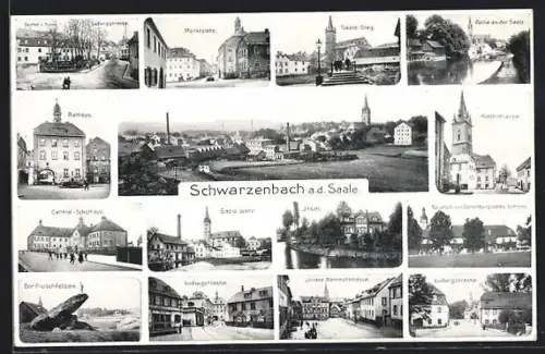 AK Schwarzenbach a. d. Saale, Rathaus, Saaleufer, Förmitzstein, Marktstrasse, Kirche, Schloss