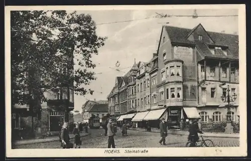 AK Moers, Steinstrasse mit Strassenbahn