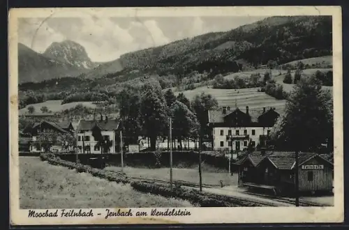 AK Feilnbach-Jenbach am Wendelstein, Ortsansicht mit Bahnhof und Gebirgslandschaft