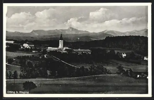 AK Otting b. Waging, Ortsansicht mit Kirche und Bergpanorama