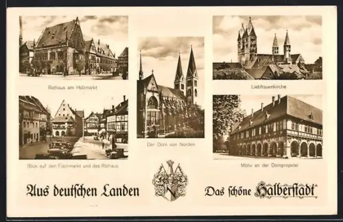 AK Halberstadt, Rathaus am Holzmarkt, Dom von Norden, Liebfrauenkirche, Blick auf den Fischmarkt
