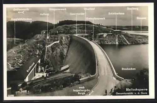 AK Gräfenwarth, Bleilochsperre, Staumauer, Krafthaus, Staubecken, Ansicht v. d. Gans