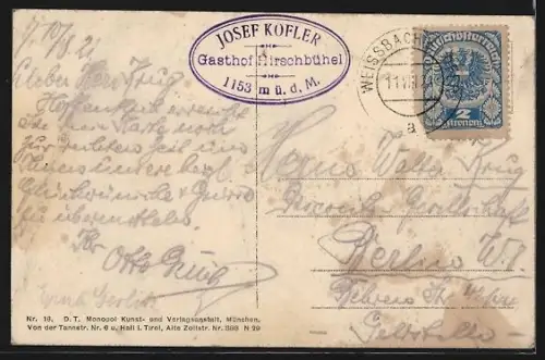 AK Weissbach / Alpenstrasse, Gasthof Hirschbühel, Inh. Josef Kofler, Hirschbichl