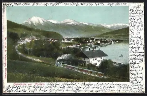 AK Tegernsee, Blick von Norden, Dampfeisenbahn