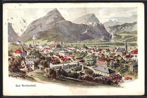 Künstler-AK Bad Reichenhall, Stadtansicht mit Bergen