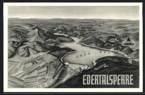 AK Edersee, Panorama mit Edertalsperre und umliegenden Orten