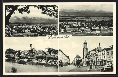 AK Weilheim /Obb., Flusspartie im Ort, Blick auf den Ort