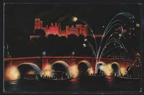 AK Heidelberg a. Neckar, Schlossbeleuchtung mit Feuerwerk