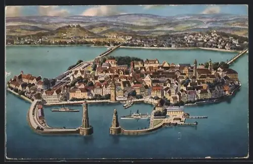 Künstler-AK Lindau im Bodensee, Blick auf den Hafen