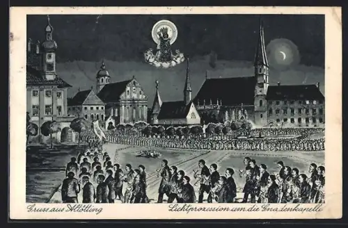 Künstler-AK Altötting, Lichtprozession um die Gnadenkapelle