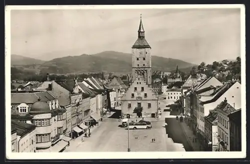 AK Deggendorf a. d. Donau, Stadtplatz mit Kirche
