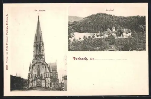 AK Forbach, Vue de l`église protestante et du Burghof dans le paysage environnant