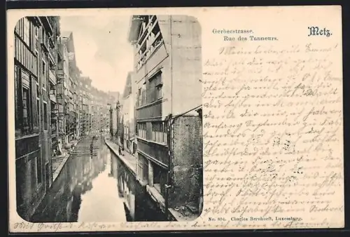 AK Metz, Rue des Tanneurs avec canal et maisons anciennes