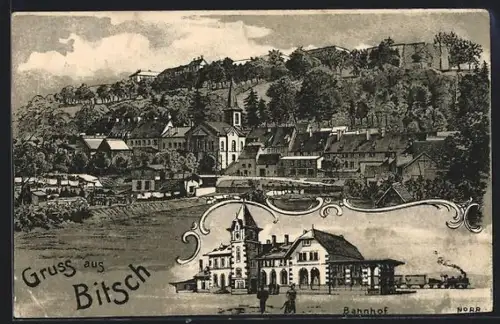 Lithographie Bitsch, Vue du village et de la gare avec collines en arrière-plan