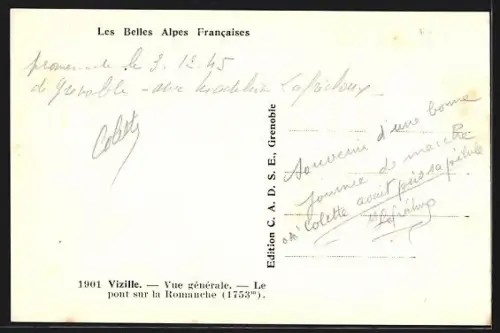 AK Vizille, Vue générale, Le pont sur la Romanche