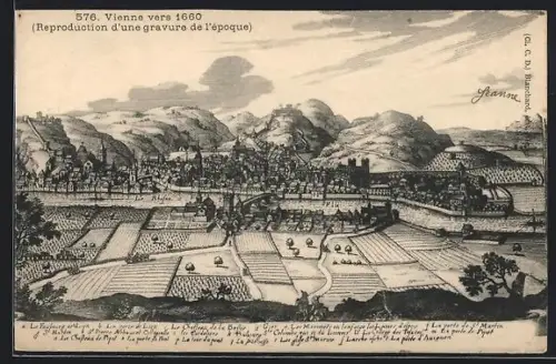 AK Vienne, Reproduction d`une gravure de 1660 montrant la ville et ses environs agricoles