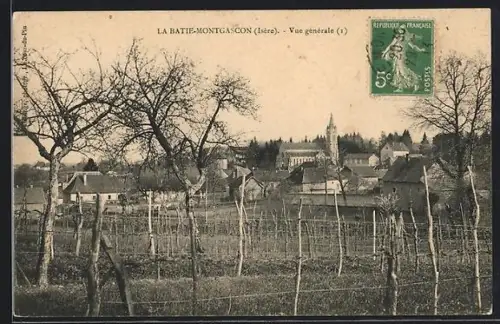 AK La Bâtie-Montgascon /Isère, Vue générale du village avec vignobles et clocher en arrière-plan