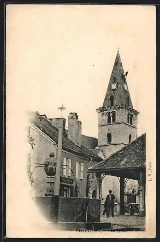 AK Mens /Isère, Église et place du village avec clocher et habitants