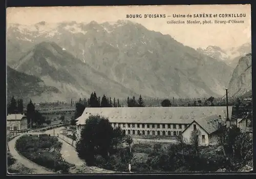 AK Bourg-d`Oisans, Usine de Sarène et Cornillou avec montagnes en arrière-plan