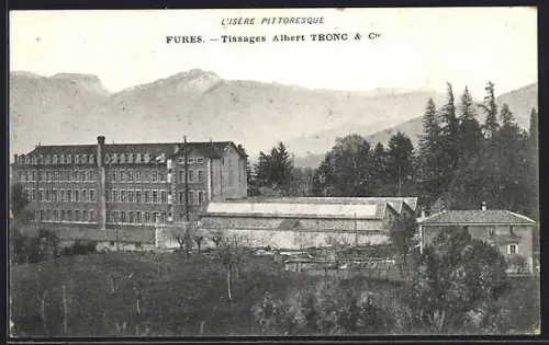 AK Fures, Tissages Albert Tronc & Cie avec vue sur les montagnes