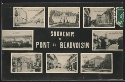 AK Pont-de-Beauvoisin, Souvenir avec vues la Gare, le Collège, Quartier des Halles