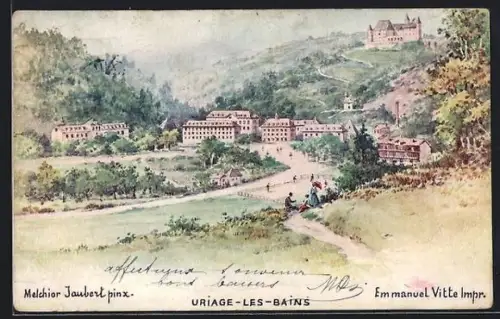 Künstler-AK Uriage-les-Bains, Vue sur les bâtiments thermaux et le château sur la colline