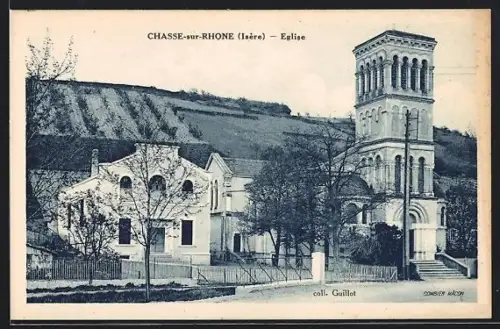 AK Chasse-sur-Rhône /Isère, Église avec paysage de collines en arrière-plan