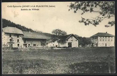 AK La Placette /Isère, Entrée du Village et Café-Épicerie Janot