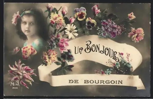 AK Bourgoin, Un bonjour fleuri avec portrait d`enfant