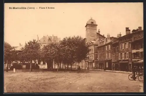 AK St-Marcellin /Isère, Place d`Armes avec bâtiments et arbres