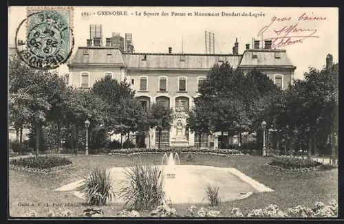 AK Grenoble, Le Square des Postes et Monument Dondart-de-Lagrée