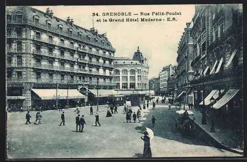 AK Grenoble, Rue Félix-Poulat et le Grand Hôtel Moderne