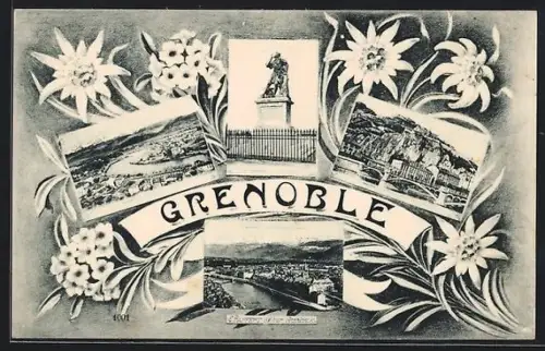 AK Grenoble, Collage de vues avec statue et paysages alpins