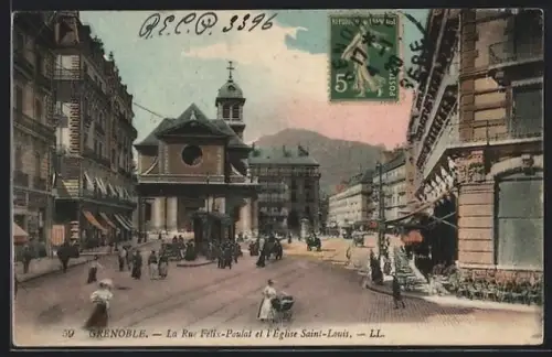 AK Grenoble, La Rue Félix-Poulat et l`Église Saint-Louis