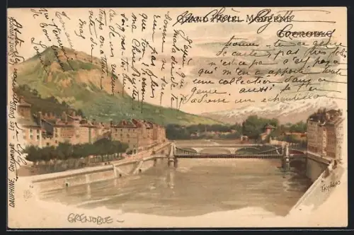 Lithographie Grenoble, Vue sur l`Isère et les ponts avec colline en arrière-plan, Grand Hôtel Morderne