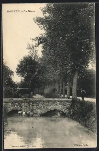 AK Mamers, La Dive traversant sous un pont de pierre entouré d`arbres majestueux