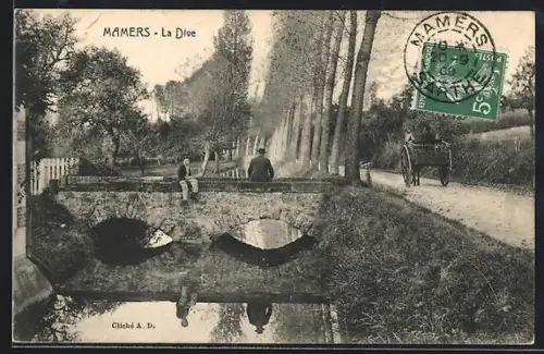 AK Mamers, La Dive avec pont et calèche dans un paysage arboré