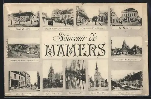 AK Mamers, Souvenir avec Hôtel de Ville, Théâtre et Églises