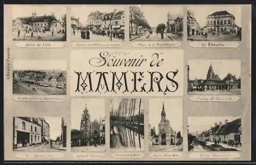 AK Mamers, Souvenir avec Hôtel de Ville, Église St. Nicolas et scènes de rue