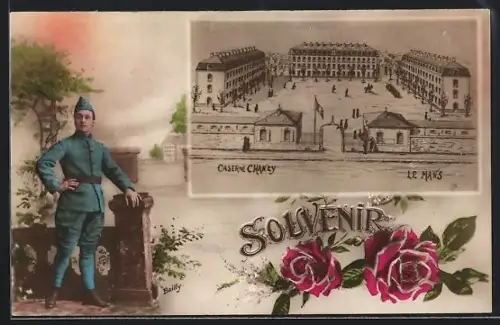AK Le Mans, Caserne Chanzy avec soldat en uniforme et décor floral