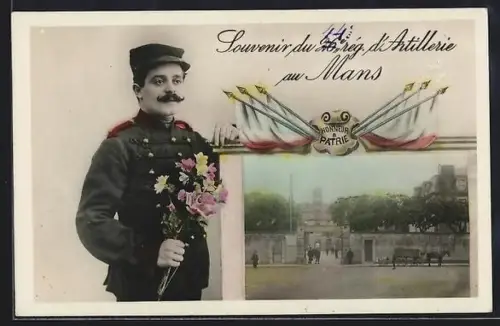 AK Le Mans, Souvenir du 30e rég. d`Artillerie avec soldat et fleurs