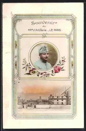 AK Le Mans, Souvenir du 94e d`Artillerie avec portrait et caserne