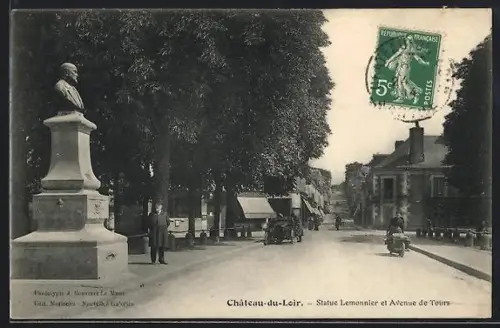 AK Château-du-Loir, Statue Lemonier et Avenue de Tours