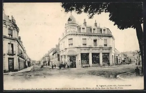 AK Château-du-Loir /Sarthe, Perspective de l`Avenue du Mans et de la Rue du Bas-de-Ville