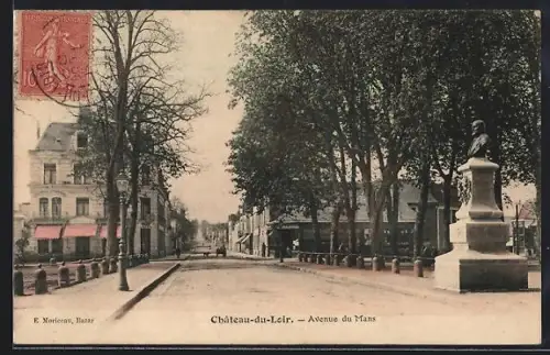 AK Château-du-Loir, Avenue du Mans et statue monumentale
