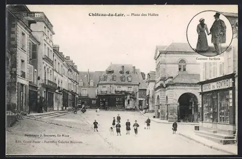 AK Château-du-Loir, Place des Halles avec enfants et vignette de costume sartois