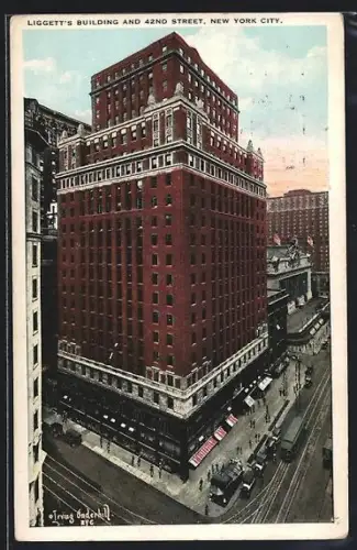 AK New York City, Liggett`s Building and 42nd Street, Strassenbahn