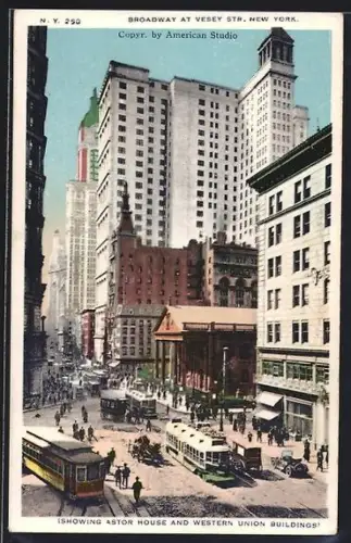 AK New York, Broadway at Vesey Street, Astor House and Western Union Building, Strassenbahn