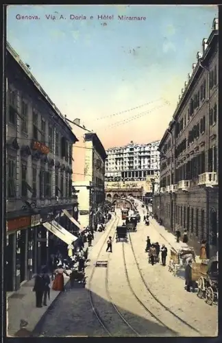 AK Genova, Via Andrea Doria e Hotel Miramare, Strassenbahn