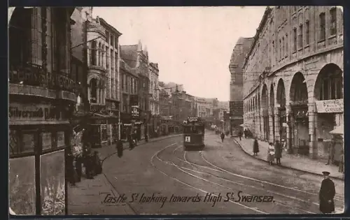 AK Swansea, Castle Street looking towards High Street, Strassenbahn